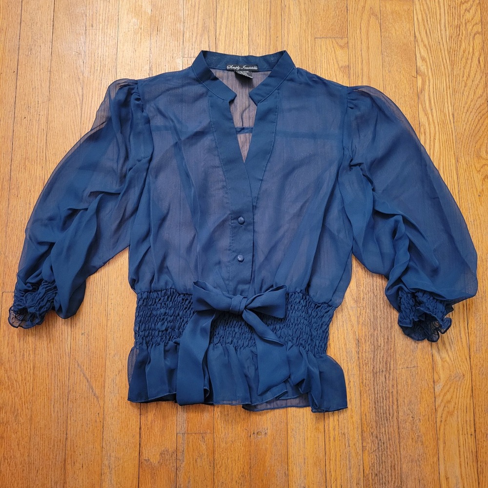 Y2K 90s Dark Teal Blue Sheer Smocked Peplum Blouse M Fairie Whimsigoth Coquette